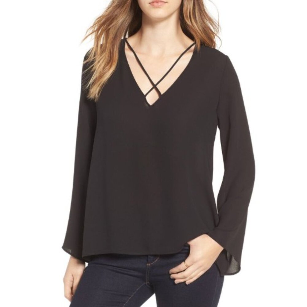 Lush Black Criss Cross V-Neck Bell Sleeve Blouse Top Size Large